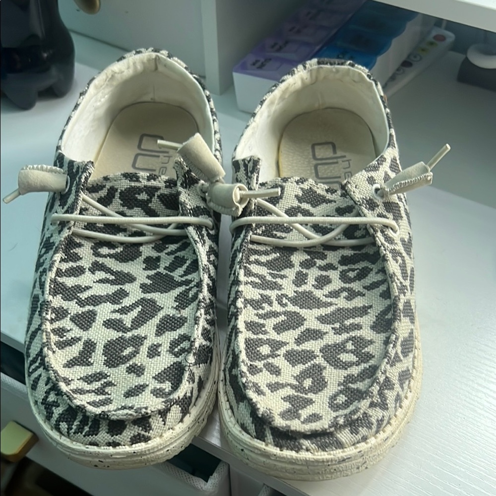 Hey Dude Black and White Moccasins with Animal Print